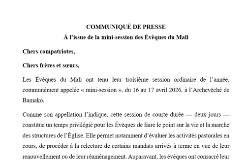COMMUNIQUÉ DE PRESSE À l’issue de la mini-session des Évêques du Mali