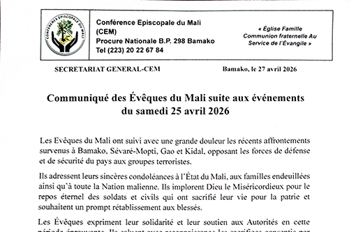Communiqué des Evêques du Mali suite aux évènements du samedi 25 avril 2026